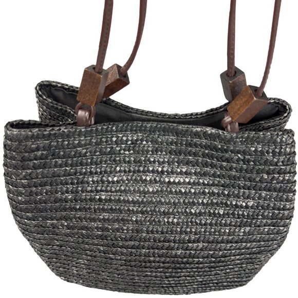 Charter Club Classics Woven Straw Shoulder Bag Black Wooden Bead Handles accents - Picture 5 of 10